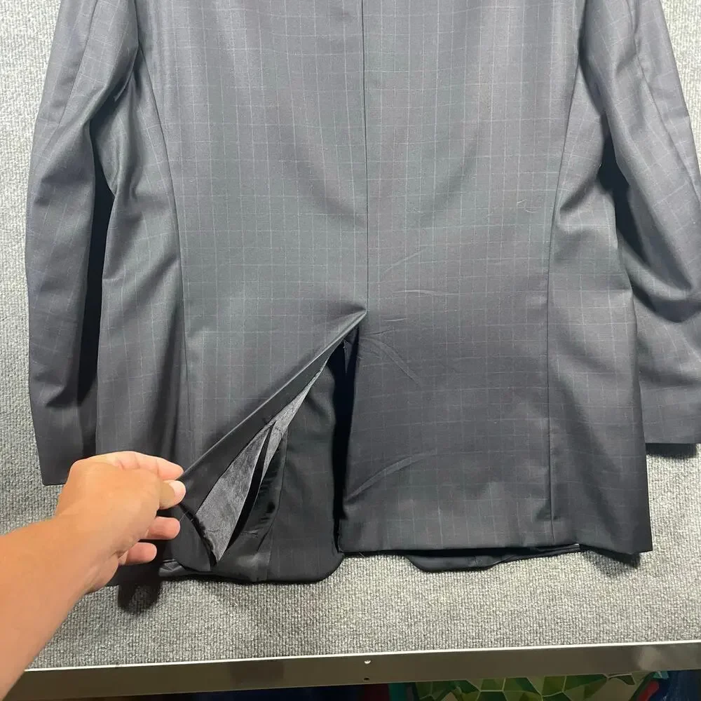 Burberry London Kensington Blazer 46R Gray/Blue Window Pane 100% Wool READ